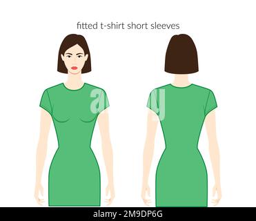 Fitted t-shirt sleeves short length clothes lady in green dresses, tops, shirts technical fashion illustration with fitted body. Flat apparel template front, back sides. Women, men unisex CAD mockup Stock Vector