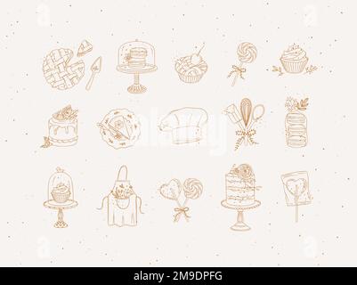 Bakery desserts and kitchen appliances in hand drawing style on beige background. Stock Vector