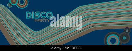 Abstract Disco Party flyer template with curved striped line and disks on dark blue background. Vector graphics Stock Vector