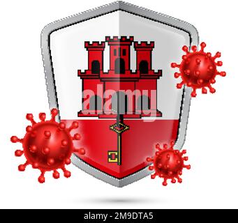 Flag of Gibraltar on Metal Shiny Shield Icon and Red Corona Virus Cells. Concept of Health Care and Safety Badge. Security Safeguard Metal Label with Stock Vector