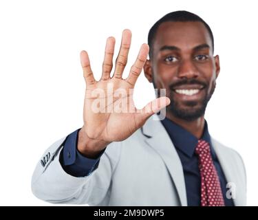 Portrait, business and black man wave, welcome and guy isolated on white studio background. Employee, African American male and entrepreneur with Stock Photo
