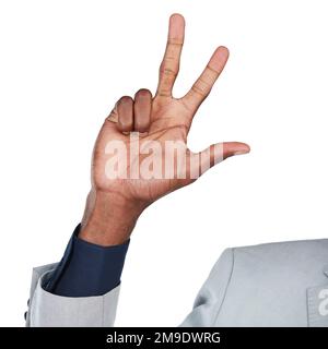 Business man, hand and number three sign isolated on white background for communication. Hands of male entrepreneur show signal, emoji or gesture to Stock Photo