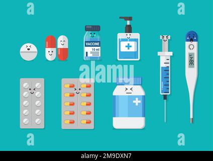 Emoji medical healthcare elements. Capsules tablets medicine. Set of medical pills. Vector illustration Stock Vector