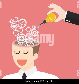 Hand drop lubricant into gears on brain head. Brain maintenance concept. Vector illustration Stock Vector