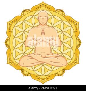 Vector design of Man Meditating in lotus position, man doing yoga with Flower of life as background Stock Vector