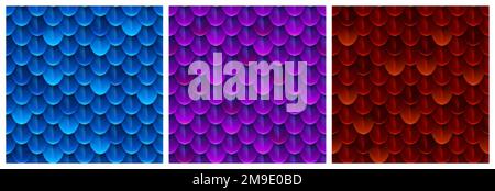 Textures of dragon scale, snake skin. Seamless patterns of blue, purple and red squama of fish, mermaid, reptile or fantasy monster, vector cartoon illustration Stock Vector