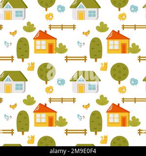 Seamless pattern with village houses, chickens and sheeps. Vector illustration Stock Vector