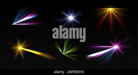Bright light beams, laser rays, neon glow effect. Abstract flares, color flashes of disco ball, party lights with rays isolated on transparent background, vector realistic set Stock Vector