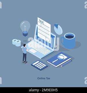 Isometric online tax payment vector illustration concept, people filling tax form, people submit digital tax via website , can use for, landing page, Stock Vector