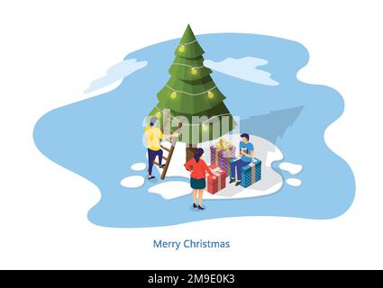 Decorating christmas tree cartoon style. Christmas gifts decorations and garlands. Merry Christmas and Happy New Year Concept. Flat Isometric Vector I Stock Vector