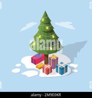 Christmas tree with gift boxes. Happy New Year or Merry Christmas. Vector isometric illustration Stock Vector