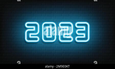 Happy New Year neon design. 2023 neon text. Neon 2023 new year sign. Vector Illustration. Stock Vector