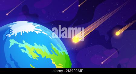 Many asteroids flying towards Earth in outer space. Vector cartoon illustration of rocky meteors with fire trails approaching planet surface, dark sky background with many stars. Apocalypse danger Stock Vector
