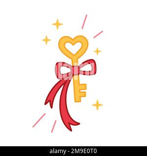 Golden heart key with ribbon. Key for heart concept. Vector illustration of a love key. Valentines day icon in doodle style. Hand drawn style. Stock Vector