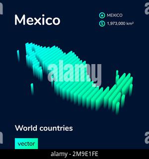 Mexico 3D map. Stylized striped isometric neon vector Map in green colors on blue background Stock Vector