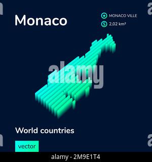 Monaco 3D map. Stylized isometric neon striped vector map in green colors on blue background Stock Vector