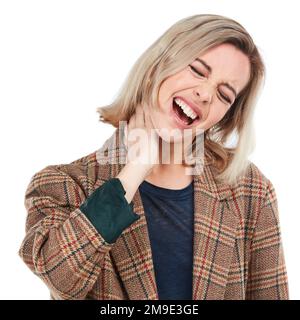 Young woman, neck pain and injury from stress, accident or discomfort against white studio background. Isolated female in agony holding painful neck Stock Photo