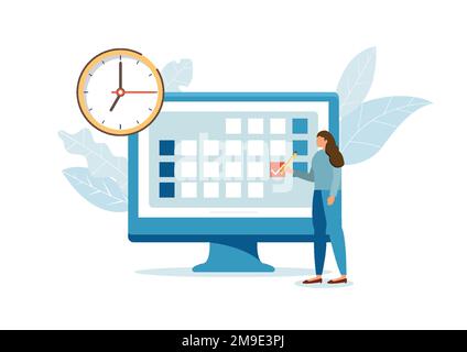 Schedule planning illustration. Characters planning work tasks, filling check list, making schedule using calendar. Business and organization concept. Stock Vector