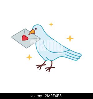 Carrier pigeon with a letter in its beak. Love Letter envelope sent by dove mail for messages of love. Valentines day icon. Vector illustration in doo Stock Vector