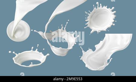 Milk splash or pouring realistic vector illustration. Natural dairy products, yogurt or cream in crown splash with drops or various swirls, for packaging design isolated on blue background Stock Vector