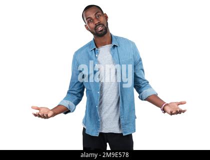 Portrait, shrug and mockup with a black man in studio isolated on a white background asking what or why. Doubt, hands and question with a handsome Stock Photo