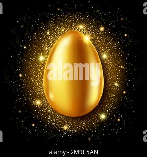 Golden egg realistic vector illustration. Shining Easter egg from gold metal and sparkling tinsel or confetti on black background. Easter greeting card or party invitation Stock Vector