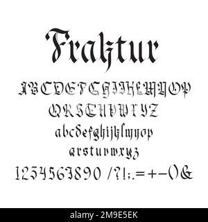 Vintage gothic font vector illustration. Set of unique decorative black capitals and lowercase calligraphic alphabet letters, numbers, symbols and signs on white background. Latin type medieval design Stock Vector
