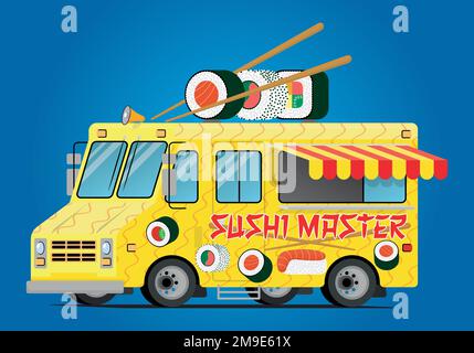food truck with sushi and rolls in illustration Stock Vector