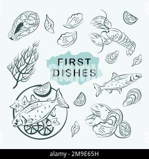 fish dishes vector sketch hand drawing in illustration Stock Vector