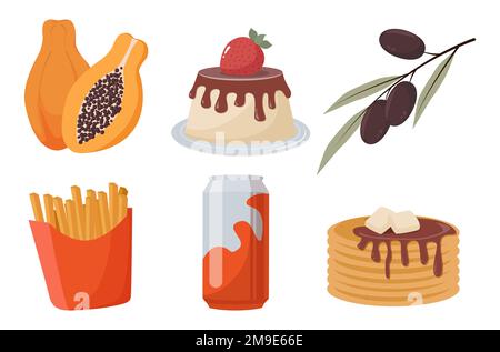 food set papaya branch with olives dessert french fries soda in tin and pancakes Stock Vector