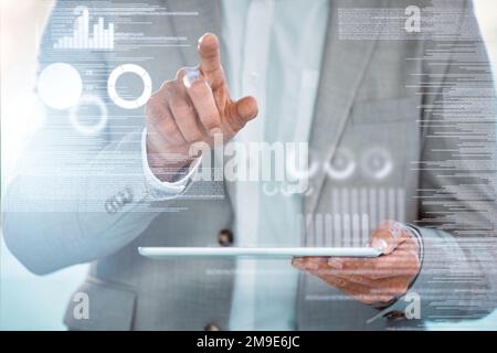 I am knowledgeable enough to do this. an unrecognizable businessman sitting alone and using a tablet with graphical images in a office. Stock Photo