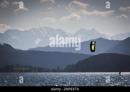 Kitesurfer, Walchensee, Karwendel Mountains, Bavaria, Germany Stock Photo