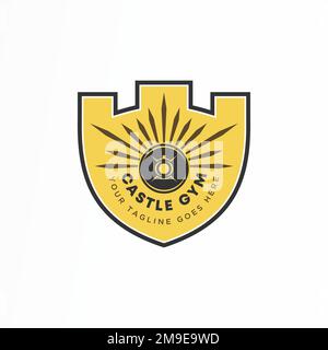 Unique castle or fortress icon and barbell in shield or guard graphic icon logo design abstract concept vector stock associated with gym or sport Stock Vector