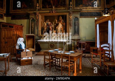 Exhibition room at the Hotel-Dieu, former hospital founded in 1443, Beaune, Cote-dOr department, Bourgogne-Franche-Comte, Burgundy, France Stock Photo