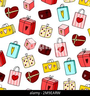 Cute doodle Gifts seamless pattern. Hand-drawn presents bag on white background. Heart, stripes, dot surprise packages. Holiday, Valentines Day, Birth Stock Vector