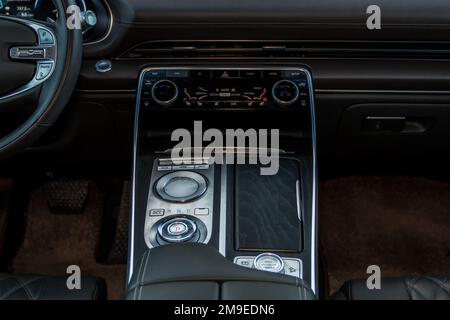 Close up of the modern automatic gearbox lever. Automatic transmission shift selector. Gear selector close up. Stock Photo