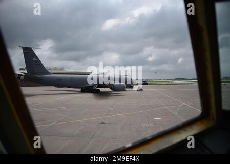 A KC-135 aircraft assigned to the Iowa Air National Guard’s 185th Air Refueling Wing sits on the ramp at the 132nd Wing in Des Moines, Iowa, May 18, 2022. The Aircraft diverted from Topeka Kansas to Des Moines to avoid sever weather. Stock Photo