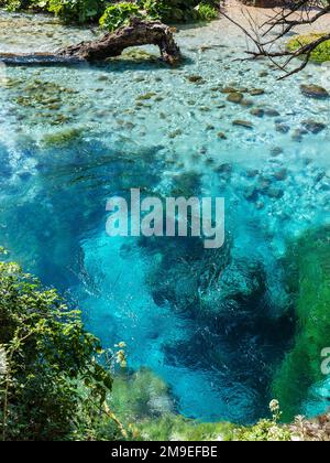 Located near Sarande in Vlore Country in southern Albania, the Blue Eye spring (Syri i Kalter) is over fifty metres deep and has transparent, fresh wa Stock Photo