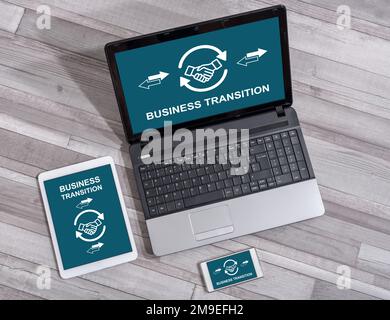 Business transition concept shown on different information technology devices Stock Photo