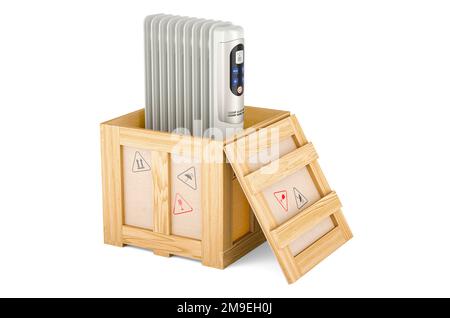 Electric oil heater inside wooden box, delivery concept. 3D rendering  isolated on white background Stock Photo - Alamy