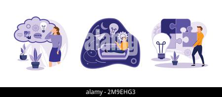 Brain activity. Thinking and imagination, problem solving, brainstorming, idea and fantasy, motivation and inspiration. set flat vector modern illustr Stock Vector