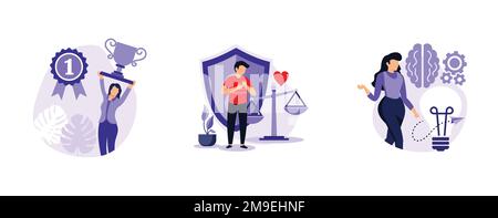Moral principles. Honour and honesty, creative inspiration, professional quality, new idea brainstorming, ethics and value. set flat vector modern ill Stock Vector
