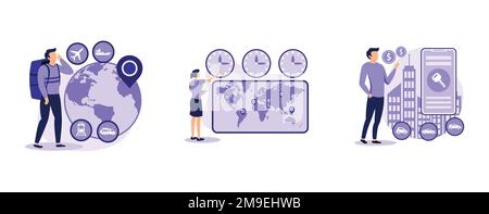 International tourism. Global travelling, time zones, rental car service, travel agency, vacation resort chain, jet lag. set flat vector modern illust Stock Vector