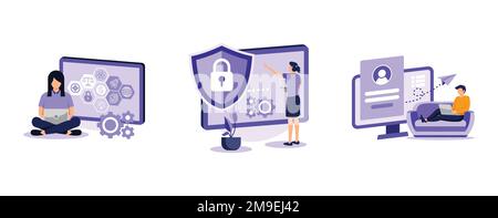 Cloud service access. Shared document, cyber security, sign in page, public folder access, editing online, data protection. set flat vector modern ill Stock Vector