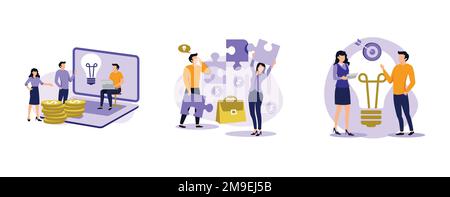 Cooperation and teamwork. Crowdfunding and partnership, new idea generation, collect donations, business venture. set flat vector modern illlustration Stock Vector