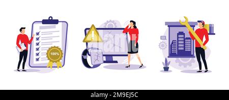 Product quality. High quality sign, defective product, DIY repair, ISO certification, broken equipment, repair manual. set flat vector modern illustra Stock Vector