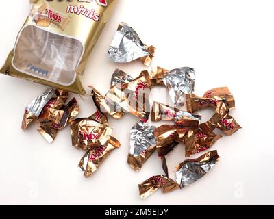 Twix minis cookie bars on white background.Twix is a chocolate bar made by Mars, Inc. Stock Photo