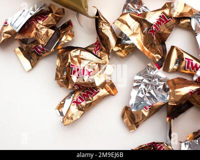 Twix minis cookie bars on white background.Twix is a chocolate bar made by Mars, Inc. Stock Photo