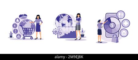 World economy. World consumption, intermediate and household consumption, goods and services, global statistics agency. set flat vector modern illustr Stock Vector