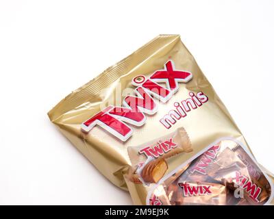 Twix minis cookie bars on white background.Twix is a chocolate bar made by Mars, Inc. Stock Photo